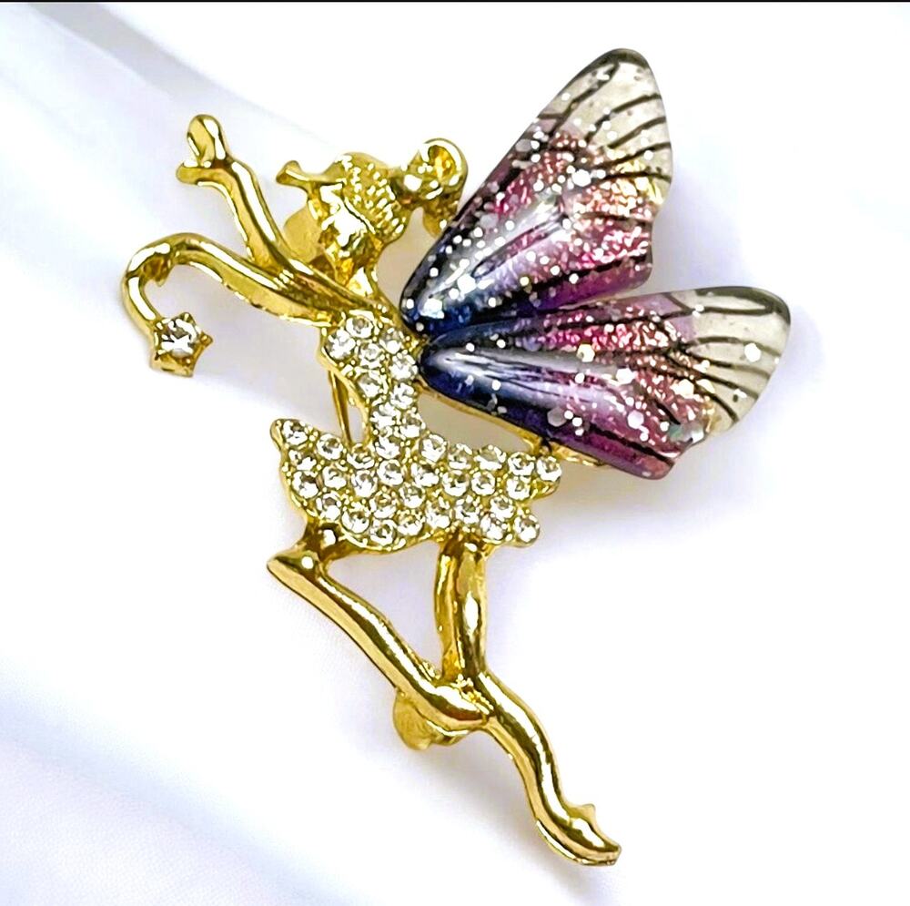 Vintage Crystal Enhanced Glitter Winged Gold Plated Dancing Fairy Brooch-NEW